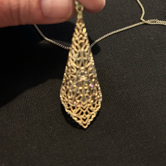 VTG Silver Tone Metal Filigree Cone and Aurora Borealis dangle pendant. Pretty!! - Picture 3 of 6